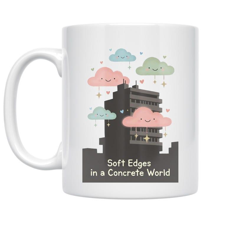 Tailorly White Ceramic 11 oz Mug - Soft Edges In A Concrete World Cute Pastel Clouds Floating Around A Dark Urban Silhouette Building