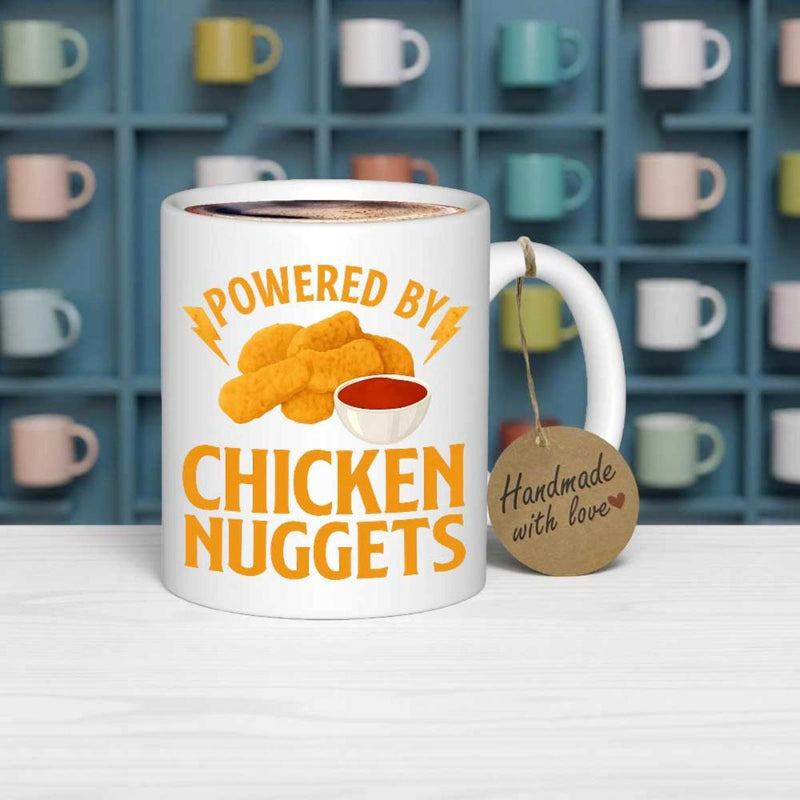 Tailorly White Ceramic 11 oz Mug - Powered By Chicken Nuggets Golden Crispy Fried Pieces With Small Bowl Of Dipping Tomato Sauce Nuggets