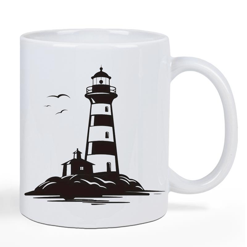 Tailorly White Ceramic 11 oz Mug - Monochrome Coastal Scenic View On Rocky Island With Flying Birds Lighthouse