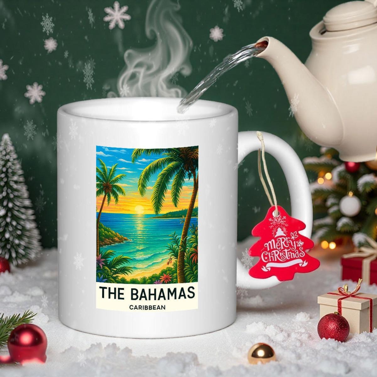 Tailorly White Ceramic 11 oz Mug - The Bahamas Caribbean Golden Tropical Sunset With Palm Trees Beside The Calm Ocean Landscape