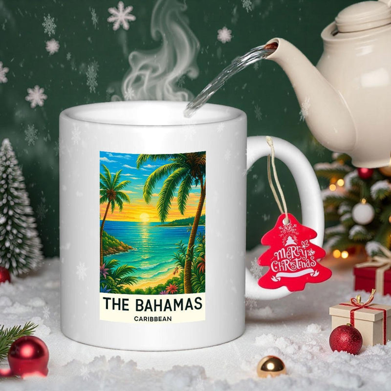 Tailorly White Ceramic 11 oz Mug - The Bahamas Caribbean Golden Tropical Sunset With Palm Trees Beside The Calm Ocean Landscape