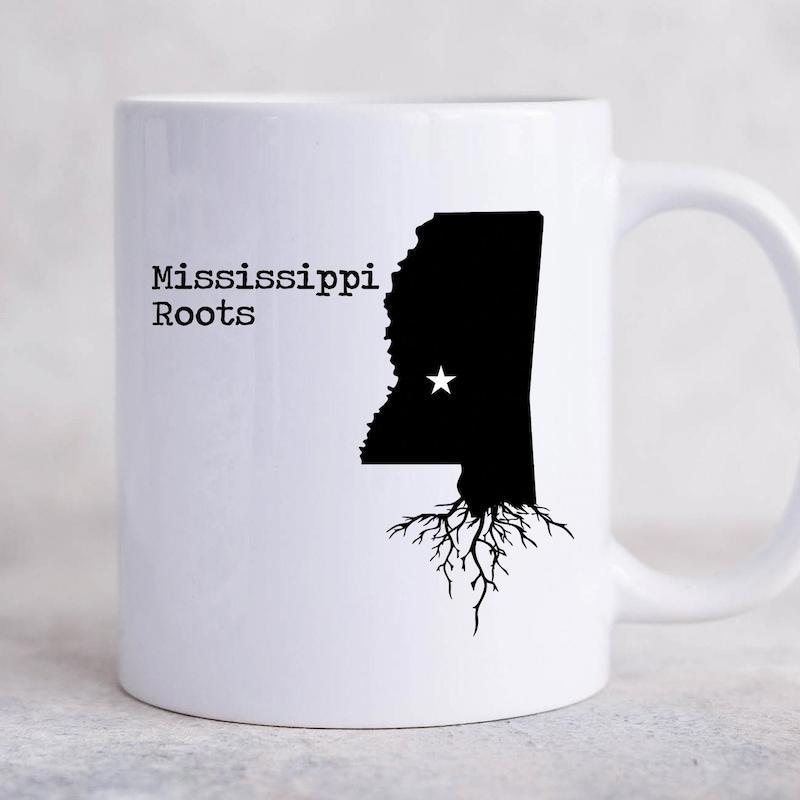 Tailorly White Ceramic 11 oz Mug - Mississippi Roots Iconic State Silhouette Featuring Intricate Root System And Centered Star Map