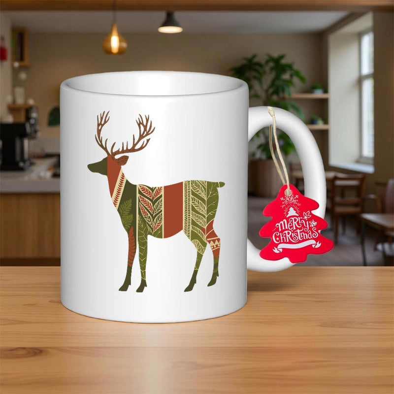 Tailorly White Ceramic 11 oz Mug - Merry Christmas Geometric Tribal Pattern In Earthy Tones Within A Standing Majestic Deer