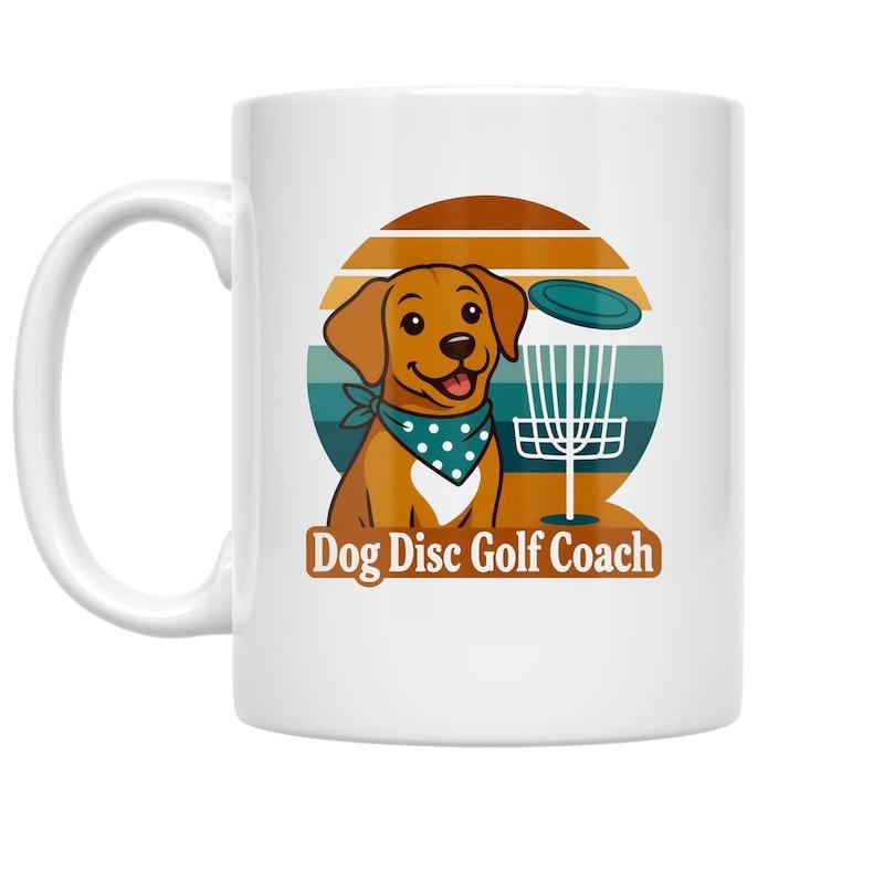 Tailorly White Ceramic 11 oz Mug - Dog Disc Golf Coach Happy Labrador Wearing Polka Dot Bandana Playing Outside Under Retro Sunset Dog