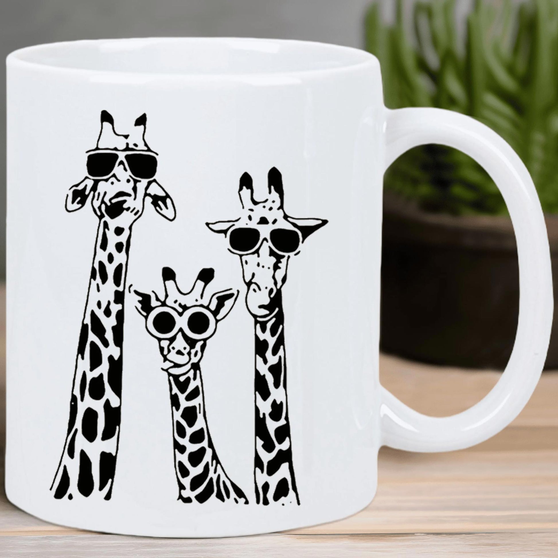 Tailorly White Ceramic 11 oz Mug - Three Stylized Animals Wearing Cool Sunglasses Standing Together In Minimalist Black And White Style Giraffes