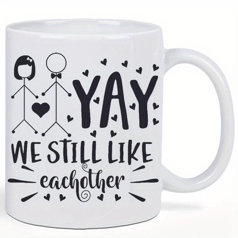 Tailorly White Ceramic 11 oz Mug - Yay We Still Like Eachother Minimalist Hand Drawn Figures With Floating Love Hearts Burst Design Couple