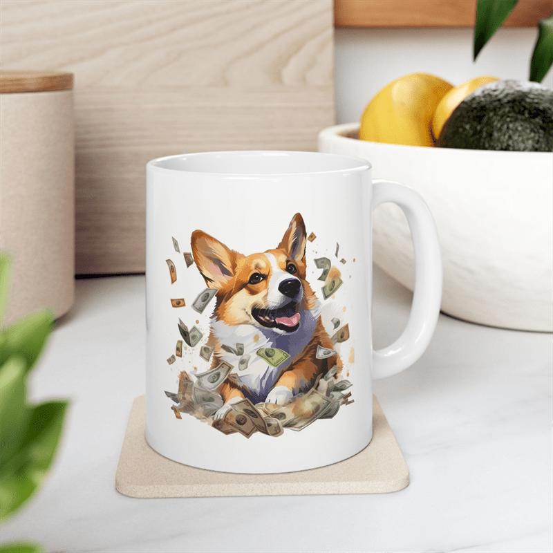 Tailorly White Ceramic 11 oz Mug - Joyful Smiling Dog Amidst Flying Banknotes Under Bright Light Corgi