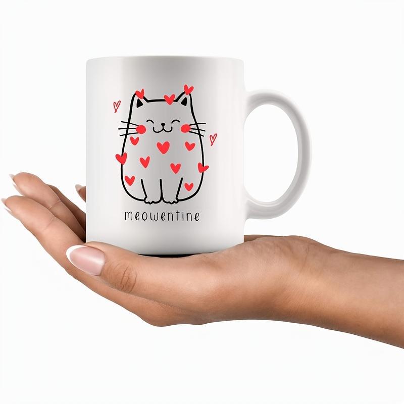 Tailorly White Ceramic 11 oz Mug - Meowentine Adorable Line Art Cartoon Feline Surrounded By Small Red Hearts Cat