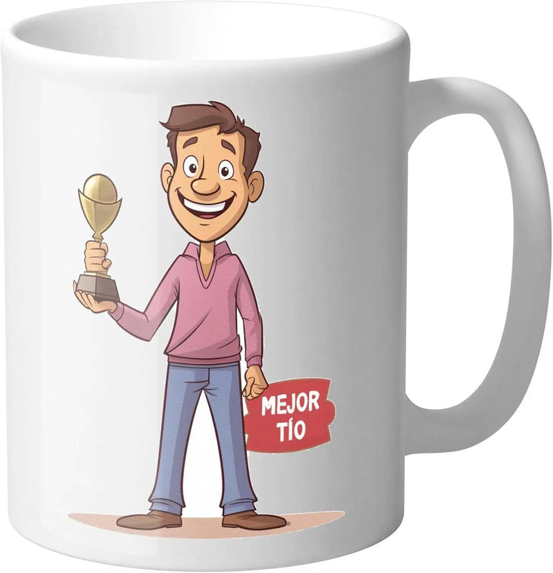 Tailorly White Ceramic 11 oz Mug - Cheerful Smiling Cartoon Character Holding A Golden Award Victory Trophy Achievement Man