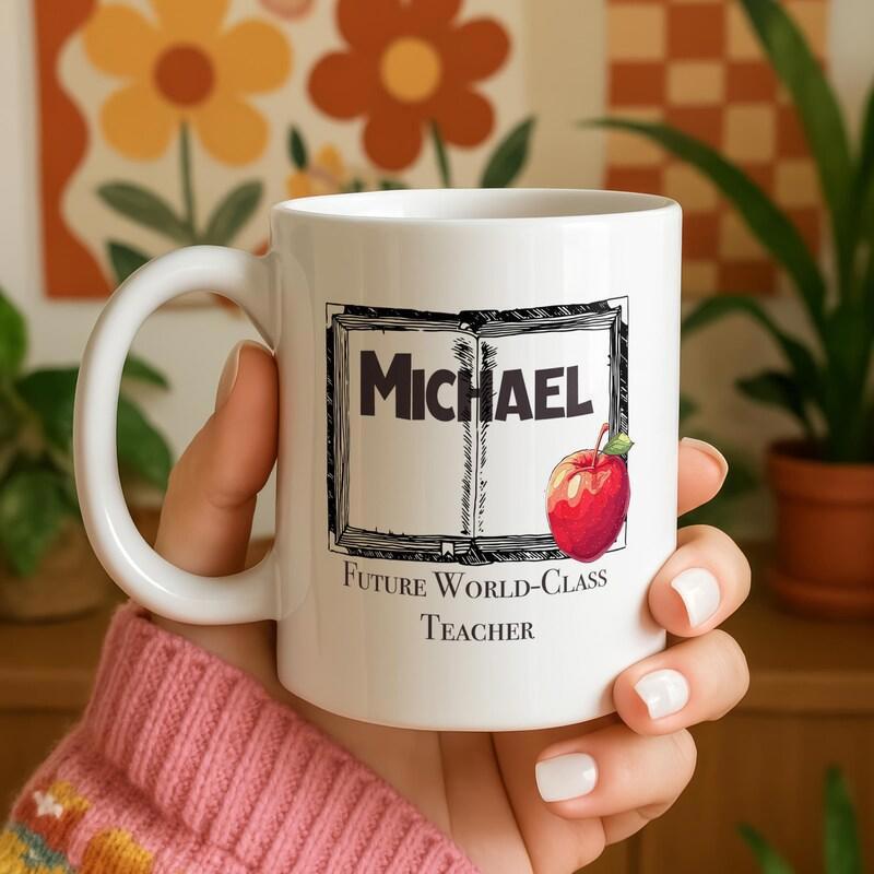 Tailorly White Ceramic 11 oz Mug - Michael Future World Class Teacher Classic Open Book Sketch With Ripe Red Apple