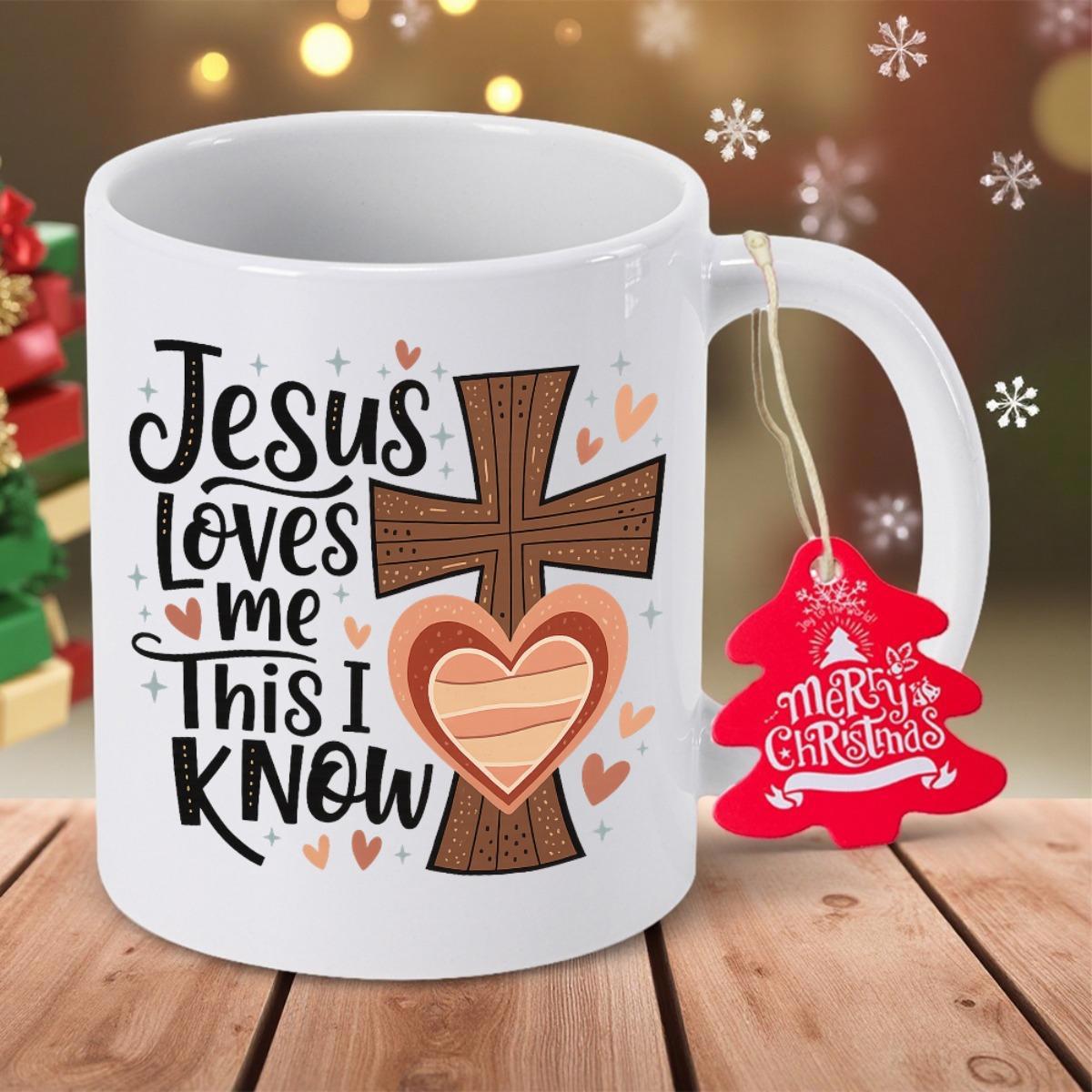 Tailorly White Ceramic 11 oz Mug - Jesus Loves Me This I Know Rustic Wooden Texture With Layered Heart Surrounded By Floating Small Warm Tones Cross