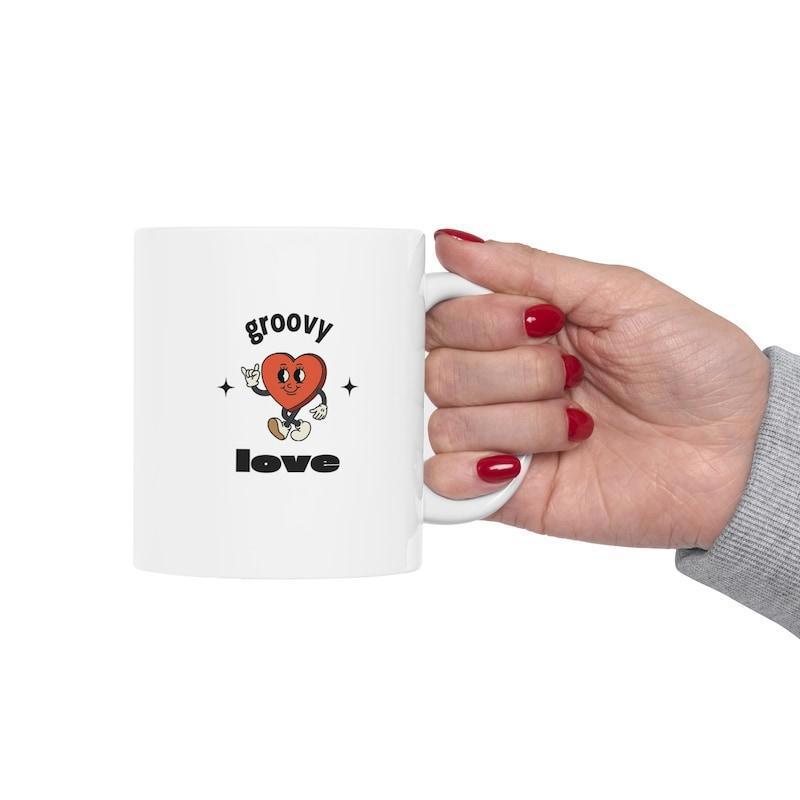 Tailorly White Ceramic 11 oz Mug - Groovy Love Charming Retro Style Mascot With Expressive Eyes And Gloved Hands Heart
