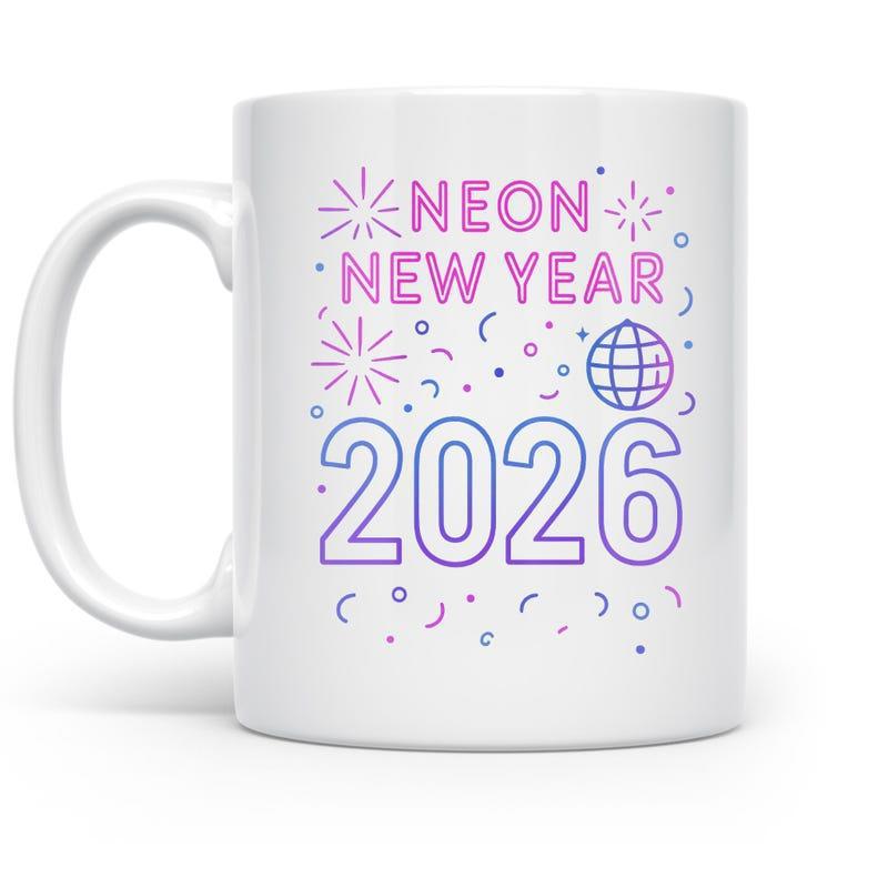 Tailorly White Ceramic 11 oz Mug - Neon New Year 2026 Festive Celebration With Colorful Fireworks And Sparkling Disco Ball Mug