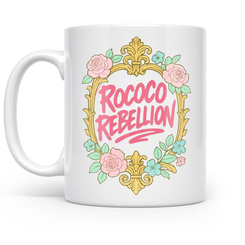 Tailorly White Ceramic 11 oz Mug - Rococo Rebellion Ornate Golden Vintage Border With Elegant Floral Pink Rose Frame