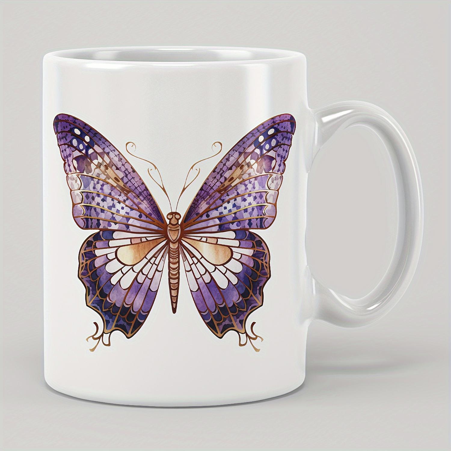 Tailorly White Ceramic 11 oz Mug - Detailed Purple Patterned Wings With Elegant Texture Displayed On White Butterfly
