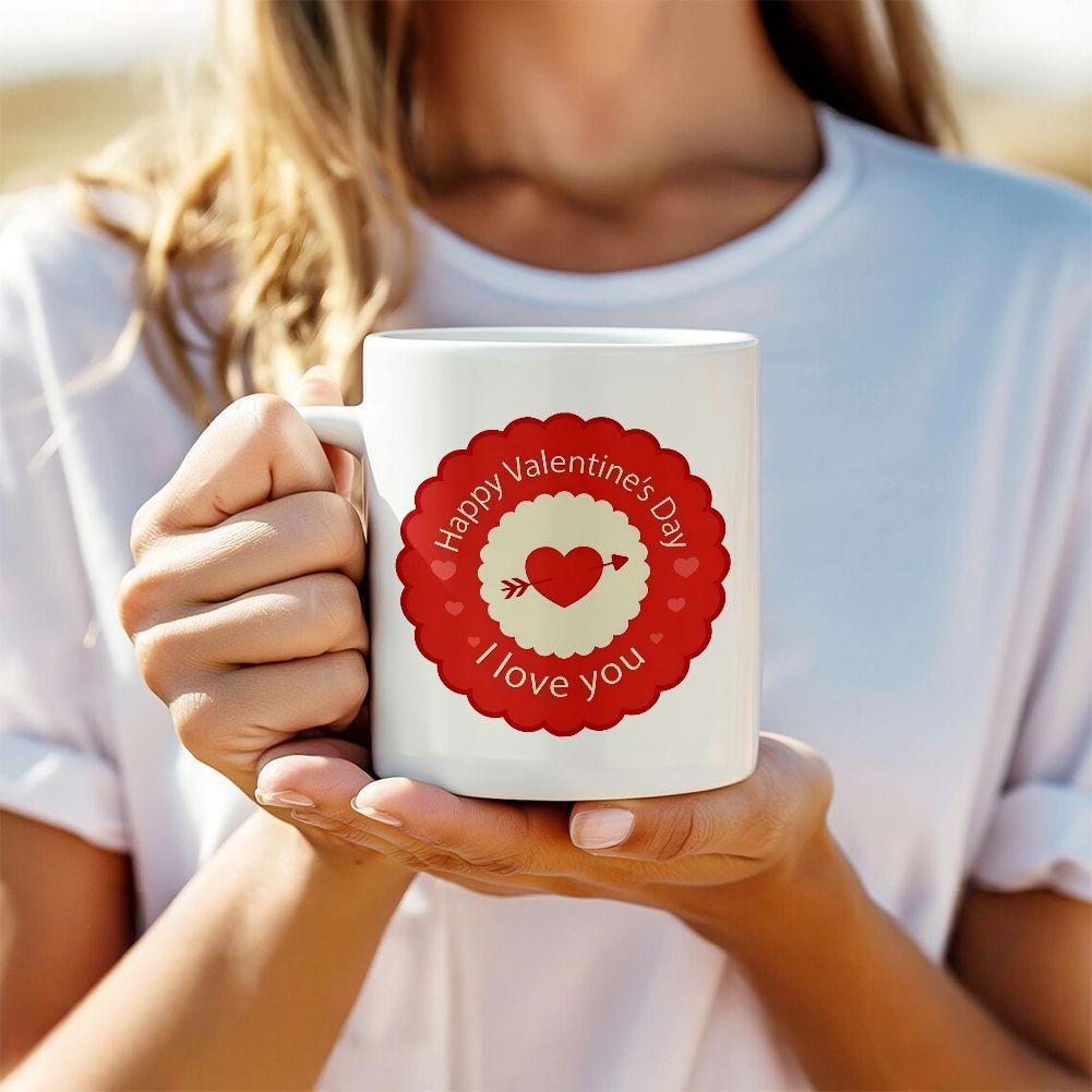 Tailorly White Ceramic 11 oz Mug - Happy Valentine's Day I Love You Vibrant Red Circular Scalloped Frame With Arrow Pierced Romantic Sweetheart Heart