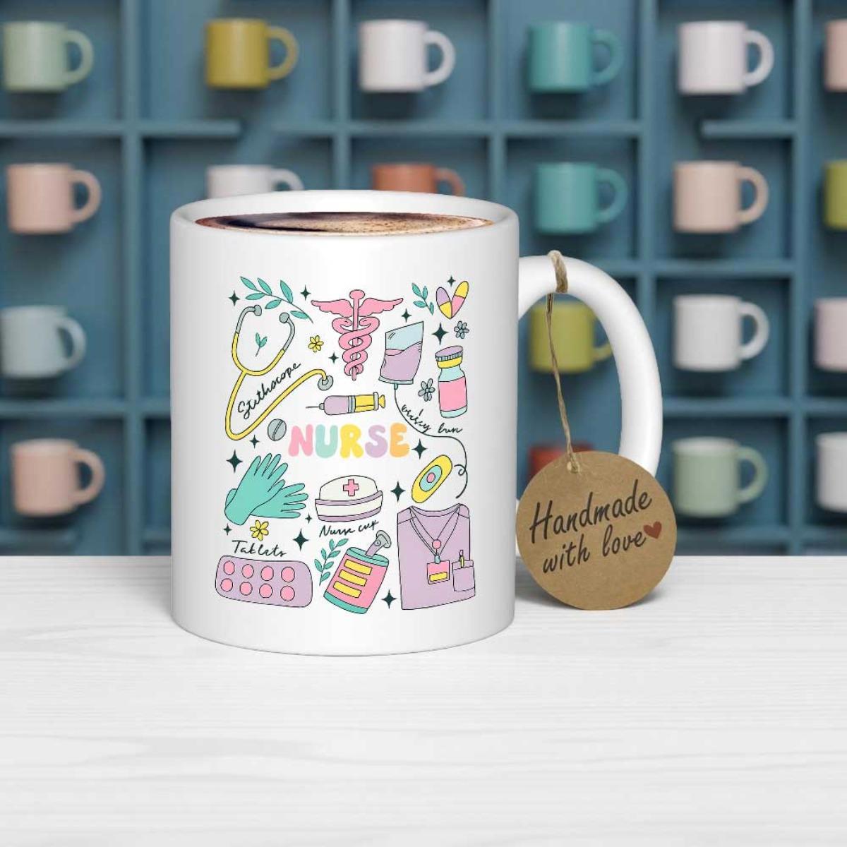 Tailorly White Ceramic 11 oz Mug - Nurse Colorful Hand Drawn Medical Essentials Floating Around The Nurse