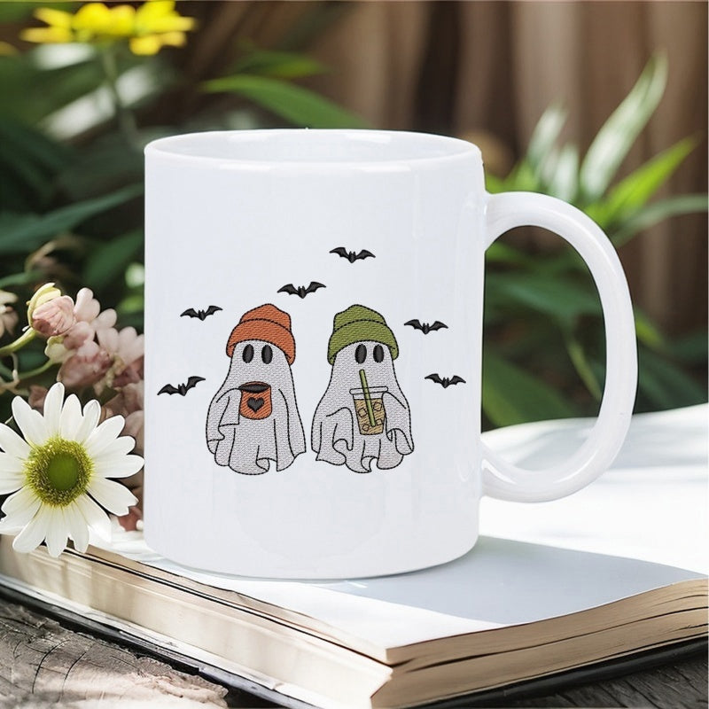 Tailorly White Ceramic 11 oz Mug - Two Cute Autumn Spirits Wearing Warm Beanies Holding Coffee Cups Ghost