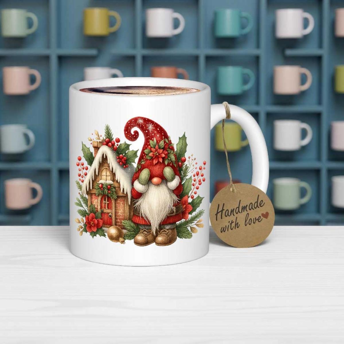 Tailorly White Ceramic 11 oz Mug - Handmade With Love Festive Red Hat Standing Beside Snowy Winter Cabin House Gnome