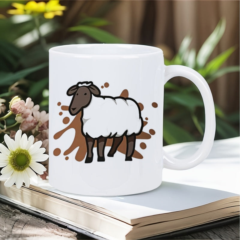 Tailorly White Ceramic 11 oz Mug - Cute Cartoon Animal Standing Against Artistic Brown Textured Mud Splatters Sheep