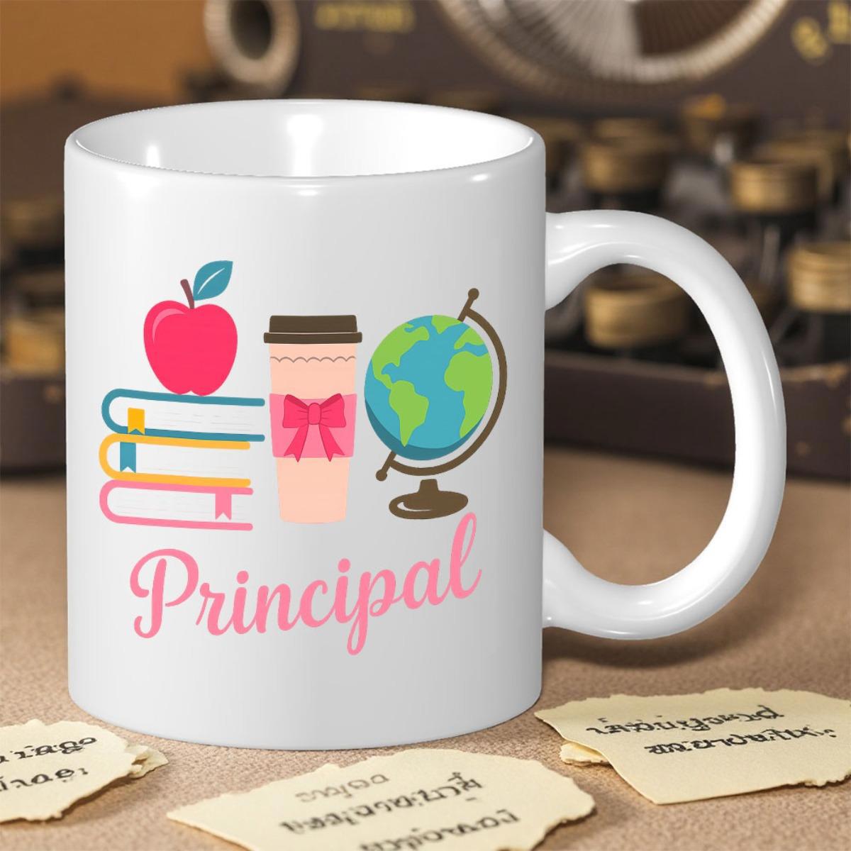 Tailorly White Ceramic 11 oz Mug - Principal Colorful School Supplies Featuring Red Apple And Stacked Textbooks With A Globe