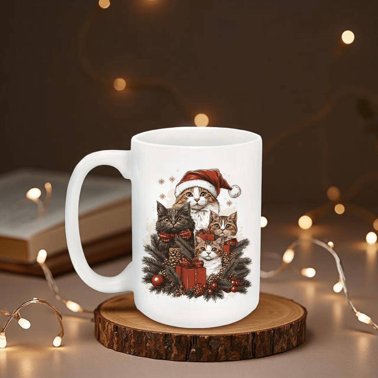 Tailorly White Ceramic 11 oz Mug - Adorable Group Of Festive Cats Wearing Red Santa Hats Among Pine Branches Cat