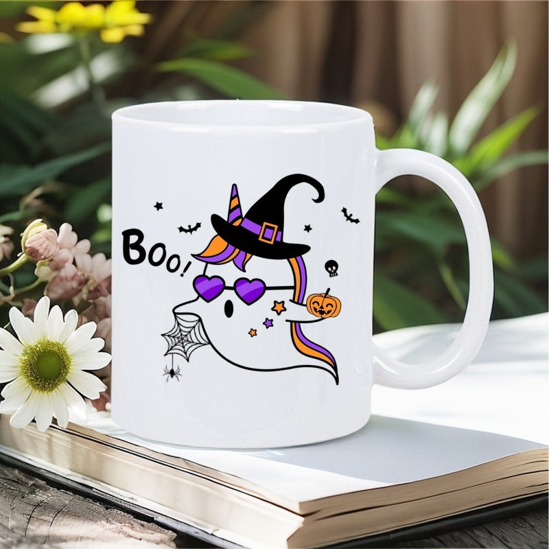 Tailorly White Ceramic 11 oz Mug - Boo Whimsical Halloween Character Wearing Witch Hat And Heart Shaped Sunglasses Ghost