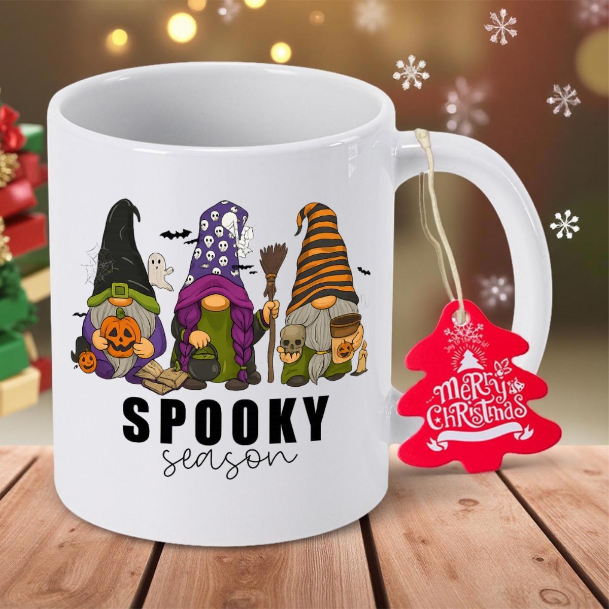 Tailorly White Ceramic 11 oz Mug - Spooky Season Three Adorable Halloween Gnomes Holding Pumpkin Broom And Coffee Gnome