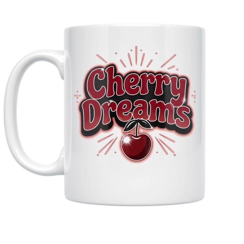 Tailorly White Ceramic 11 oz Mug - Cherry Dreams Shining Glossy Fruit Surrounded By Decorative Artistic Radiating Light Rays Sparkle Cherry