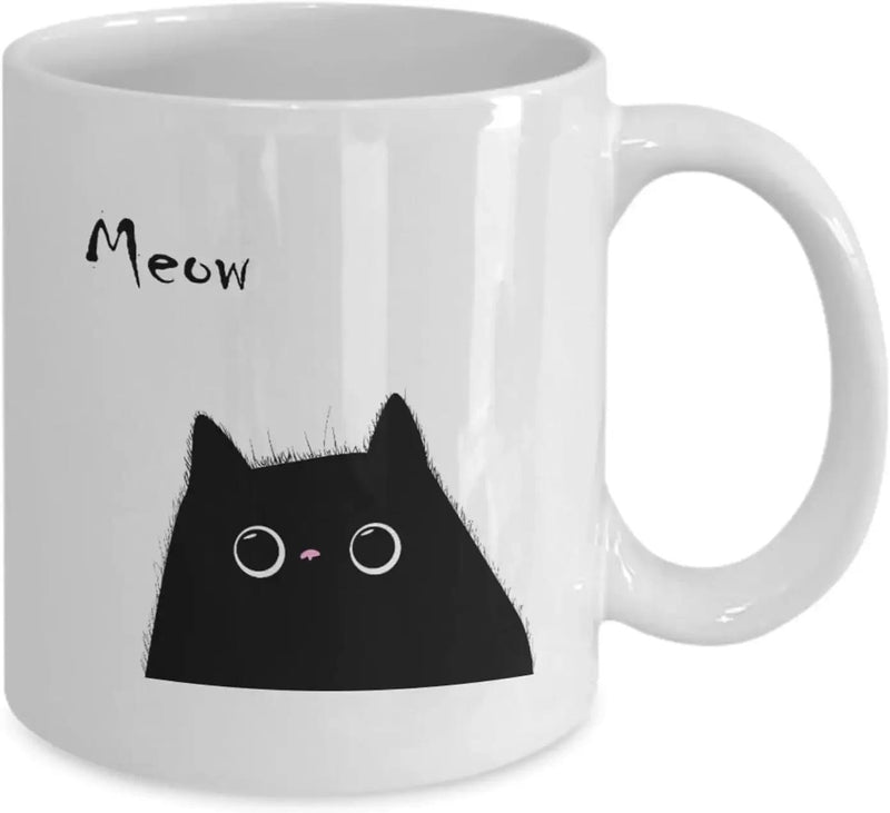 Tailorly White Ceramic 11 oz Mug - Meow Minimalist Black Silhouette With Large Round Eyes Peeking Curiously Cat