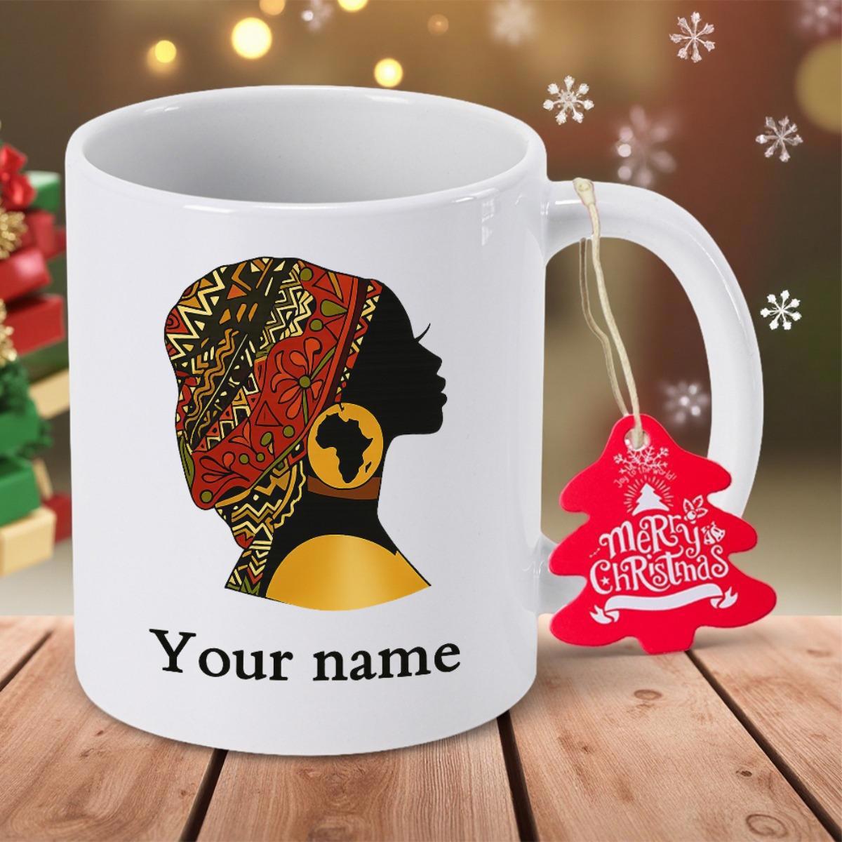 Tailorly White Ceramic 11 oz Mug - Your Name Merry Christmas Traditional Patterned Headwrap Wearing Golden Map Earring Elegant Profile Woman