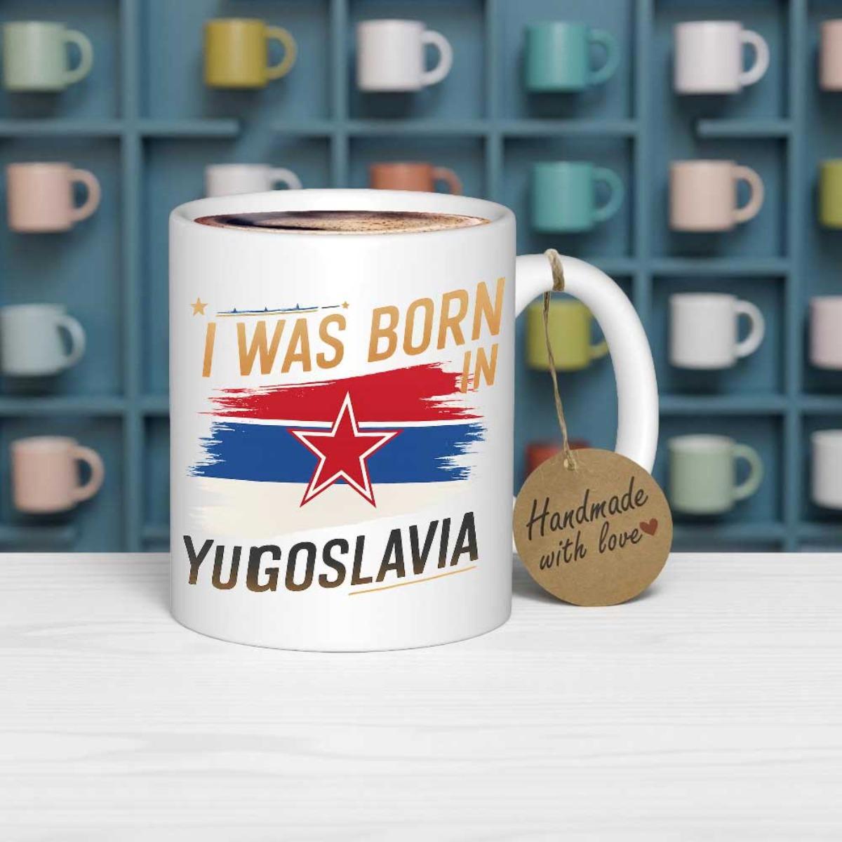 Tailorly White Ceramic 11 oz Mug - I Was Born In Yugoslavia Distressed Brushstroke Flag With Red Star Symbol On Ceramic Coffee Mug