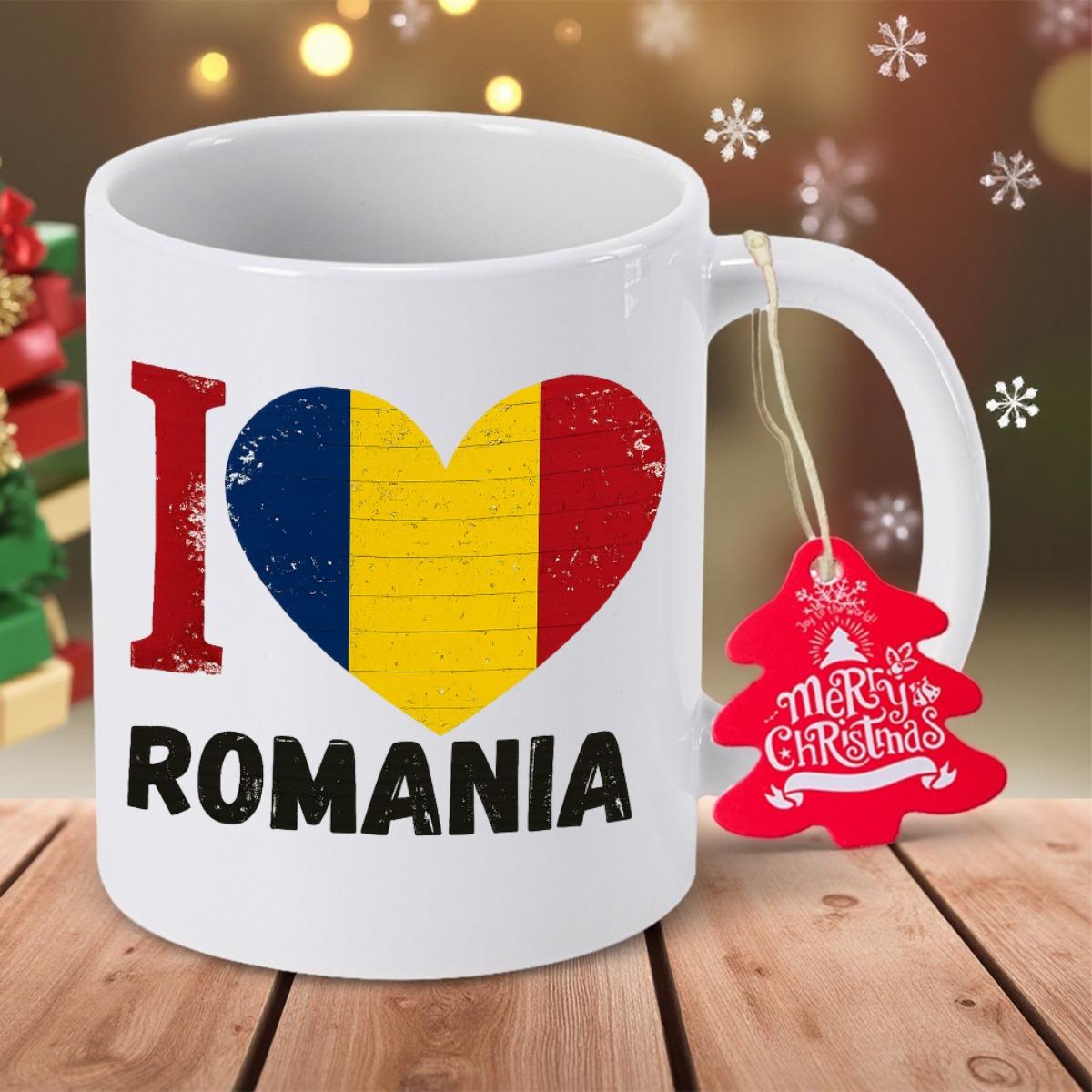 Tailorly White Ceramic 11 oz Mug - I Romania Distressed Vintage Heart Shape Featuring The Romanian Flag Colors Mug