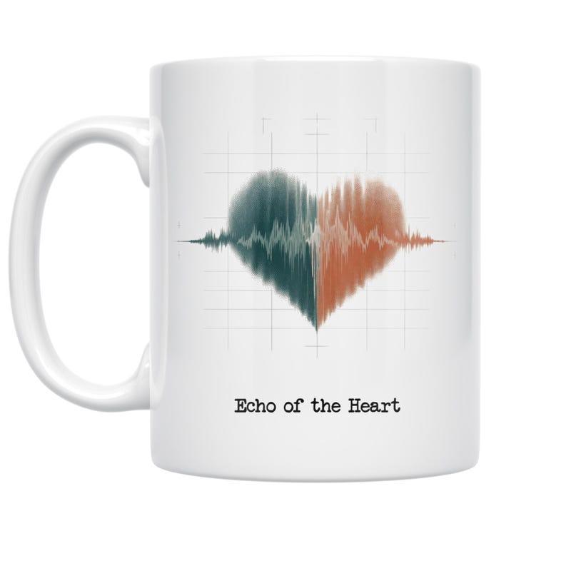 Tailorly White Ceramic 11 oz Mug - Echo Of The Heart Pulsing Sound Waveform Grid Pattern Teal And Earthy Tones Heart