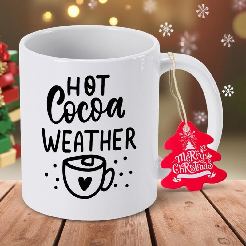 Tailorly White Ceramic 11 oz Mug - Hot Cocoa Weather Merry Christmas Minimalist Style Hand Drawn Heart Illustration Small Steaming Cup Mug