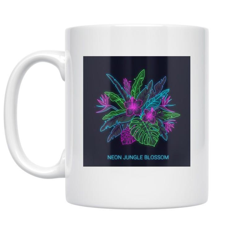 Tailorly White Ceramic 11 oz Mug - Neon Jungle Blossom Vibrant Glowing Tropical Leaves And Exotic Flowers Arranged On Dark Background Blossom