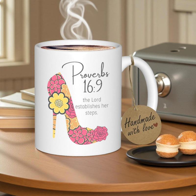 Tailorly White Ceramic 11 oz Mug - Proverbs 16 9 Elegant High Heel Featuring Pink Floral Patterns And Yellow Blossoms Shoe