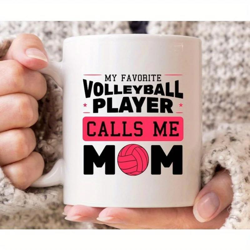 Tailorly White Ceramic 11 oz Mug - My Favorite Volleyball Player Calls Me Mom Vibrant Pink Sports Ball Nestled Within Bold Decorative Family Themed Quote