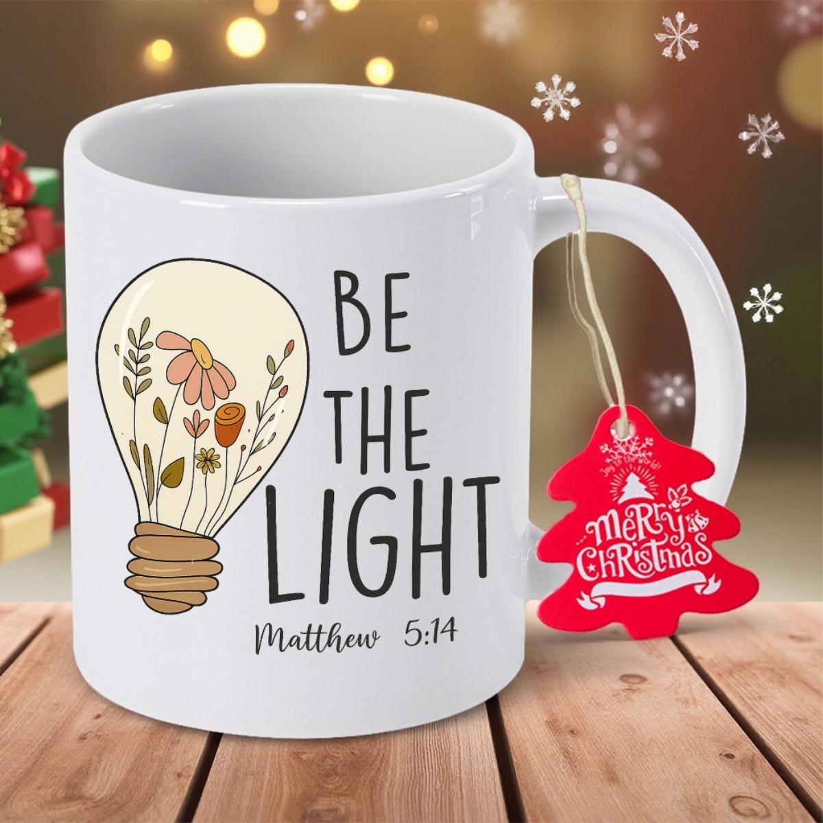 Tailorly White Ceramic 11 oz Mug - Be The Light Matthew 5 14 Artistic Light Bulb Housing Delicate Hand Drawn Flowers And Botanical Leaves Bulb