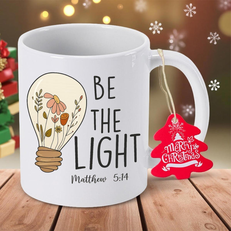 Tailorly White Ceramic 11 oz Mug - Be The Light Matthew 5 14 Artistic Light Bulb Housing Delicate Hand Drawn Flowers And Botanical Leaves Bulb