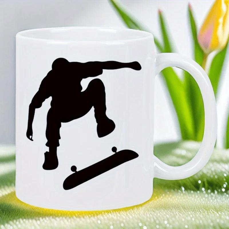 Tailorly White Ceramic 11 oz Mug - Dynamic Action Silhouette Capturing A Skater Jumping High Above The Air Skateboarder