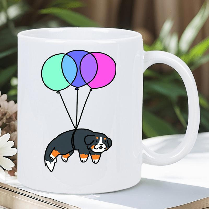 Tailorly White Ceramic 11 oz Mug - Floating Bernese Mountain Puppy Carried By Three Colorful Vibrant Round Balloons Dog