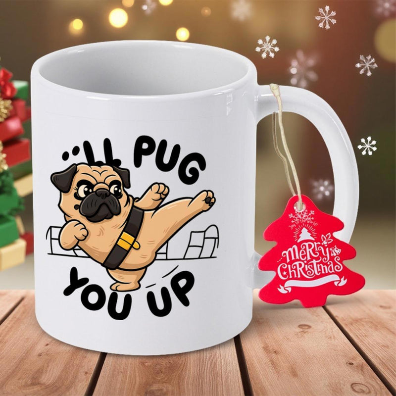 Tailorly White Ceramic 11 oz Mug - Ill Pug You Up Adorable Cartoon Dog Wearing Black Belt Performing Powerful Karate Kick Pug