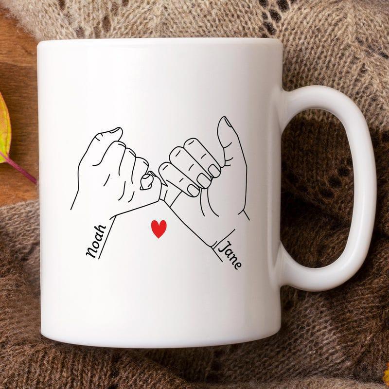 Tailorly White Ceramic 11 oz Mug - Noah Jane Minimalist Pinky Promise Line Art With Tiny Red Heart Hands
