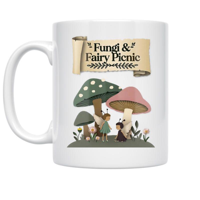 Tailorly White Ceramic 11 oz Mug - Fungi Fairy Picnic Whimsical Fairies Gathering Under Large Colorful Mushrooms In Enchanted Forest Garden Mushroom