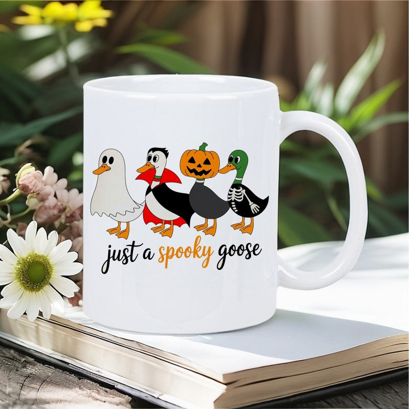 Tailorly White Ceramic 11 oz Mug - Just A Spooky Goose Dressed In Cute Halloween Costumes Standing In A Row Goose