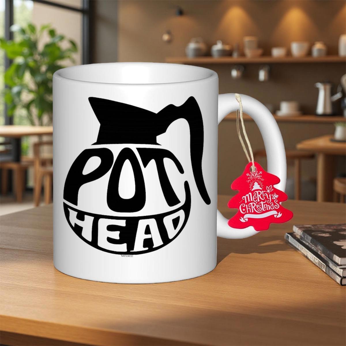 Tailorly White Ceramic 11 oz Mug - Pot Head Merry Christmas Minimalist Black Coffee Pot Silhouette Featuring Bold Stylized Lettering Carafe