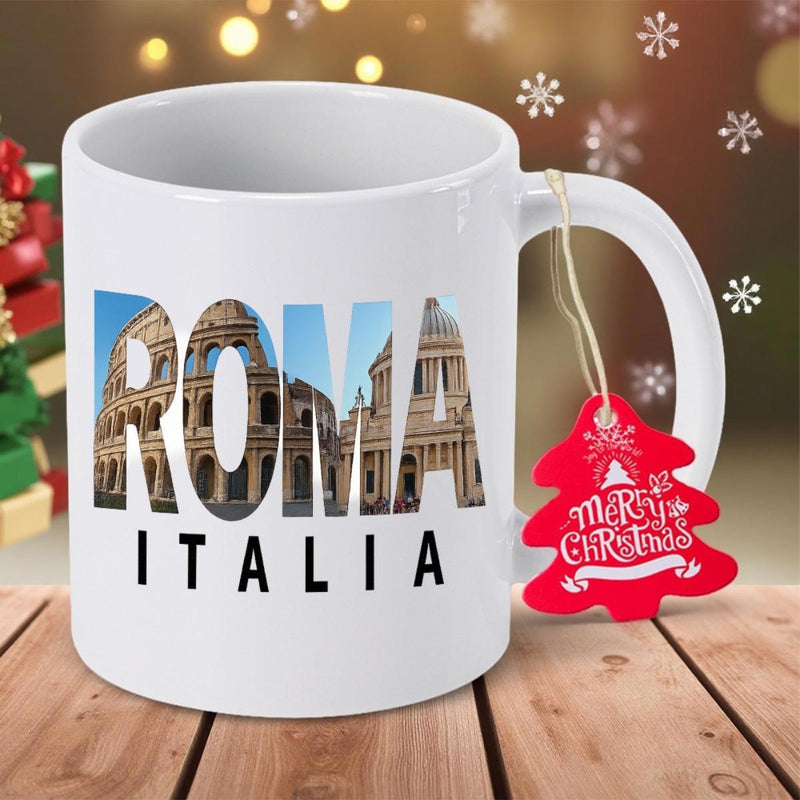 Tailorly White Ceramic 11 oz Mug - Roma Italia Merry Christmas Iconic Roman Architecture Landmarks Within Bold Letters Over White Background Mug