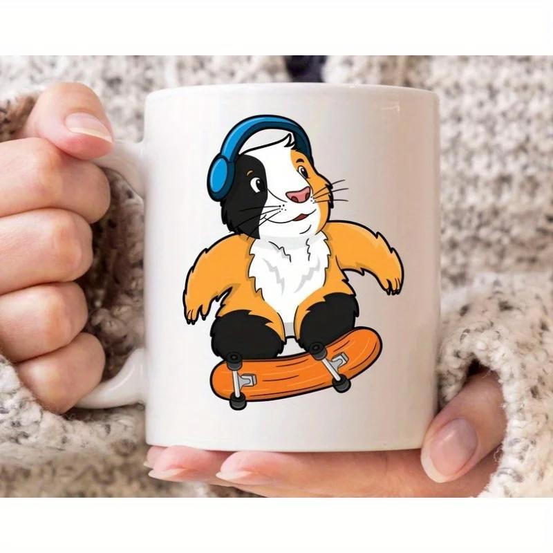 Tailorly White Ceramic 11 oz Mug - Cheerful Tricolor Graphic Wearing Blue Headphones On An Orange Moving Skateboard Guinea Pig