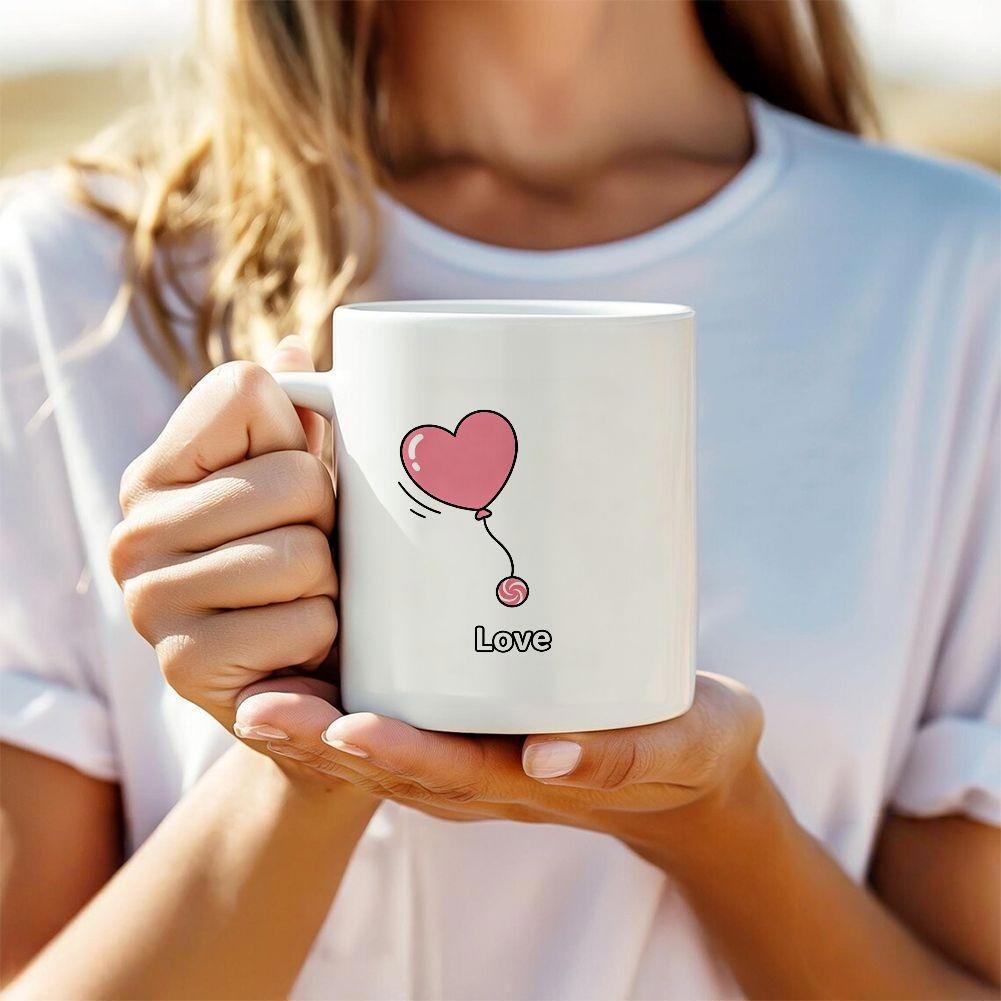 Tailorly White Ceramic 11 oz Mug - Love Floating Pink Heart Balloon Attached To A Delicate Tether String Balloon